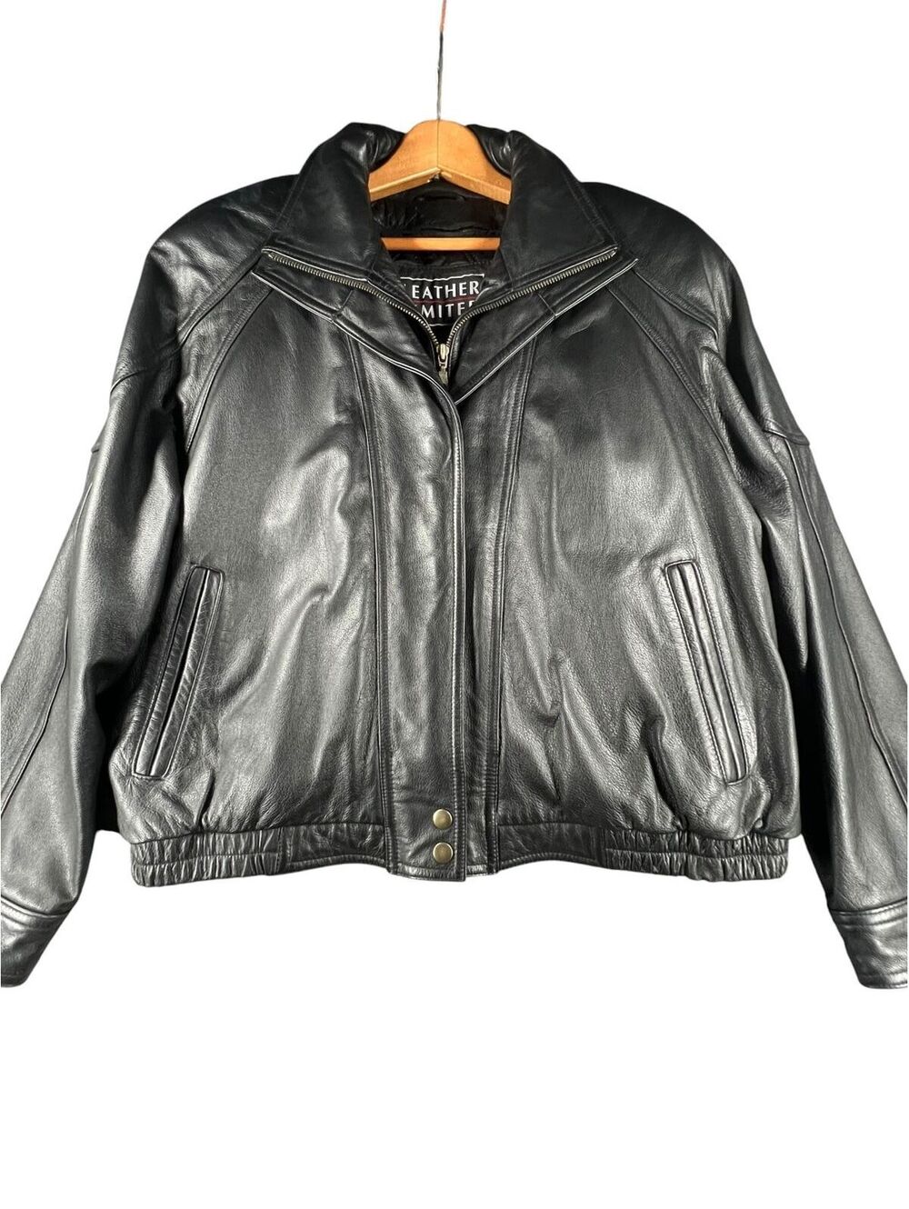 Black Genuine Leather Bomber Jacket Funnel Neck Zip Out Liner 90s - Picture 2 of 8